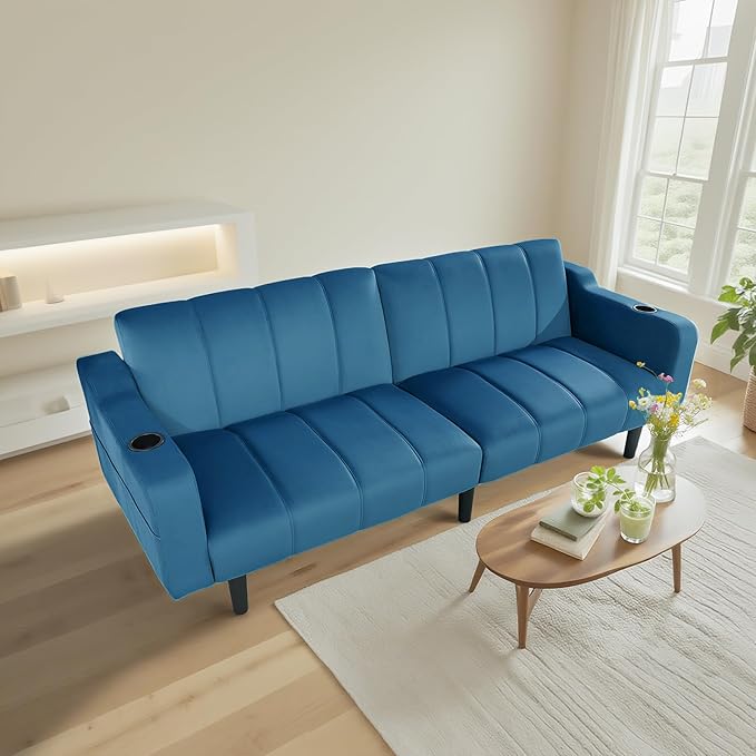 80 Velvet Futon Sofa Bed Convertible Sleeper Loveseat with Cup Holders &amp Storage Pockets Mid Century Modern Couch for Living Room Bedroom Office Small Space (Dark Blue)