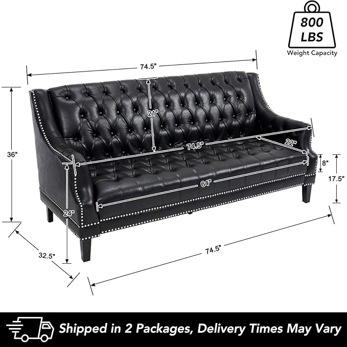 chairus Mid-Century Modern 74.5 Faux Leather Sofa Tufted Upholstered 3 Seater Couch with High Back &amp Nailhead Trim Chesterfield Sofa for Living Room Bedroom Apartment Office Black PU