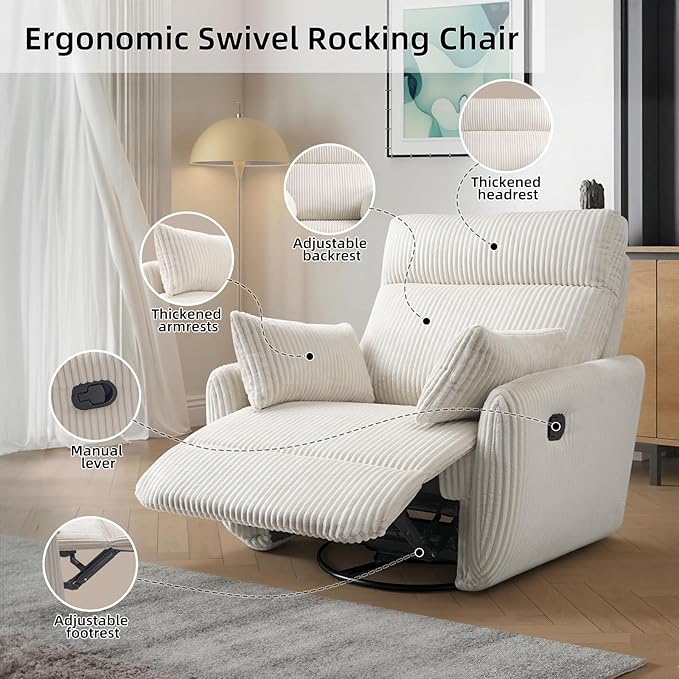 Swivel Recliner Chair for Adults Corduroy Nursery Glider Rocking Chair Armchair with 2 Pillows Comfy High Back Reclining for Small Spaces Nursery Bedroom Living Room (Corduroy Beige 1 Pack)
