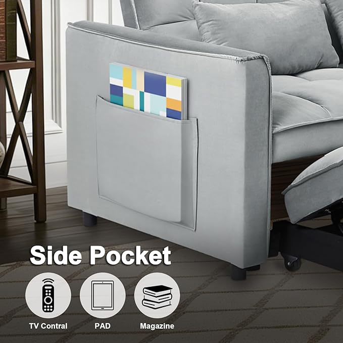 3 in 1 Convertible Sofa Bed Pull Out Couch with Adjustable Backrest Velvet Sleeper Sofa Loveseat with Pillows and Side Pockets for Living Room Bedroom Apartment Light Grey