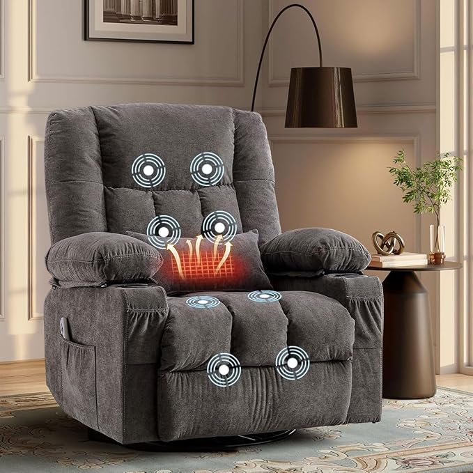 Swivel Recliner Chair for AdultsOversized Rocker Recliner with Vibration Massage and Lumbar HeatErgonomic Rocking Chair with Side Pocket2 Cup HoldersUSB Charge Port for Living Room
