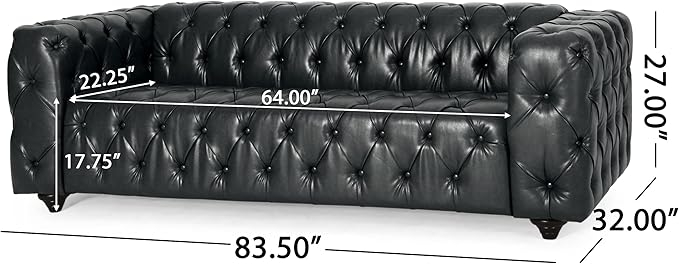 83.5 Upholstered Chesterfield Couch Modern 3 Seater Sofa with Tufted Back and Square Arms Wood Leg Nailhead Sofa for Living Room/Office/Apartment/Small Space PU Leather Black