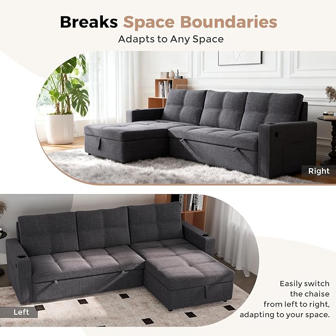 85 inch Sleeper Sofa Couch Bed with Storage ChaisePull Out Couch with USB ChargingSide PocketsConvertible Sectional Sofa for Living RoomApartmentSmall SpacesDark Grey