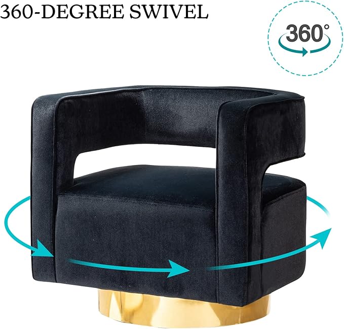 TINA'S HOME Swivel Accent Barrel Chair Modern Curved Open Back Swivel Accent 3D Barrel Velvet Chair with Gold Metal Base Club Arm Chair Upholstered Sofa Lounge for Living Room (Black)