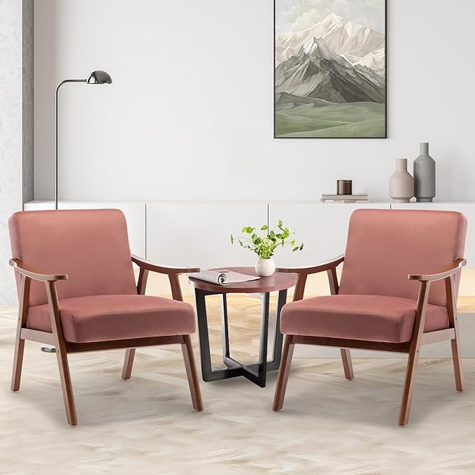 Fefances Mid-Century Modern Accent Chair - Solid Wood Frame Ultra-Thick Backrest Wingback Design Perfect for Bedroom &amp Indoor Lounge AreaPink