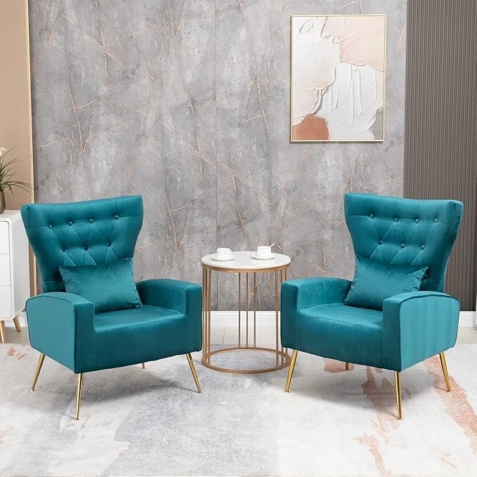 Button-Tufted Living Room Chairs Set of 2 WingBack Velvet Accent Chair Armchair with Lumbar Pillow Bedroom Chairs Vanity Chair Arm Chair with Golden Legs Teal