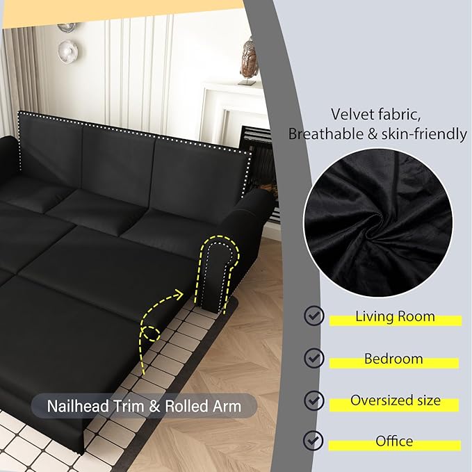 93.7 King Pull Out Sofa Bed Velvet Sleeper Sofa Couch 3 in 1 Convertible Futon Couches for Living Room Small Space Apartment Office Bedroom Modern Rivet Armrest Black