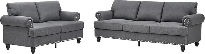 2 Pieses Living Room Sofa Sets Linen Fabric Couch and Loveseat with Nailhead Decor Soild Wood Legs Rolled Armrests &amp Storage 2PCS Sofas 3 Seaters Couch and Love Seat for Living Room Furniture S