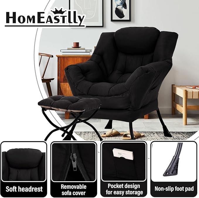 Lazy Chair with Ottoman Large Black Accent Chair with Ottoman Comfy Reading Armchair Leisure Sofa Chair for Living Room Bedroom Dorm Room Office