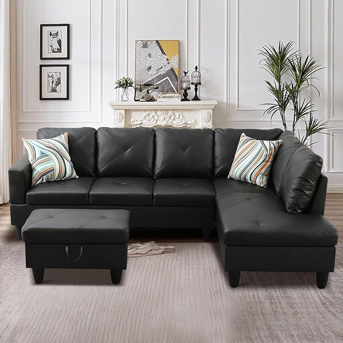 Sectional Couches for Living Room Furniture Sets 4 Seat L Shaped Couches with Ottoman Modular Sectional Sofa for Apartment Furniture Sets Black