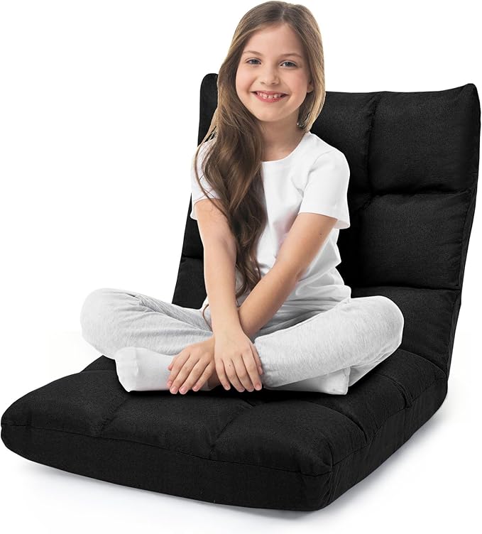 ERGOMASTER Modern Black Adjustable 14-Position Floor Chair Gaming Reading Recliner Linen Fabric 264 lbs Capacity