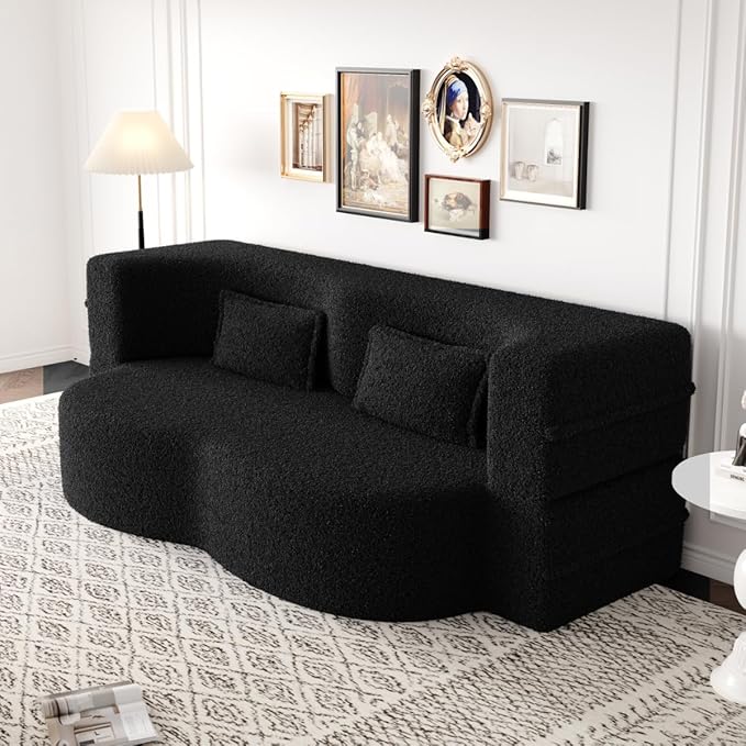 Convertible Sofa Bed Full Size｜78 Sleeper Couch with 2 Pillows｜Boucle Fabric Folding Sofa Bed｜High-Density Foam｜No Assembly｜Space-Saving｜for Living Room Guest Room｜Black