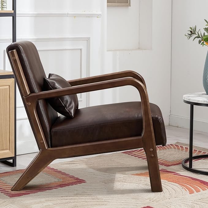INZOY Mid Century Modern Accent Chair with Wood Frame Set of 2 Upholstered Reading Armchair with PU Leather Accent Chair for Living Room Bedroom Apartment Easy Assembly Chocolate Brown