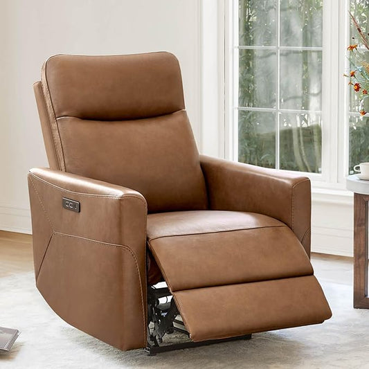 CHITA Genuine Leather Power Recliner Chair for Adults Electric Wall Hugger Recliner for Small Spaces Modern Living Room and RV Recliner Chair with Adjustable Power Headrest &amp Charging Ports Bro
