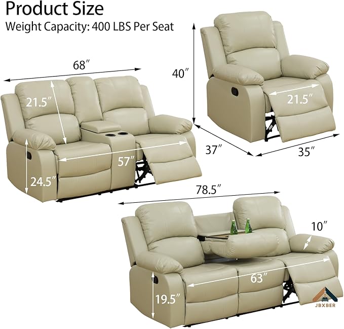 Manual Recliner Sofa Set for Living Room Leather Reclining Sofa Sets Faux Leather Couch Set with Cup Holders Drop-Down Table and Storage Console(Sofa and ChairBeige)