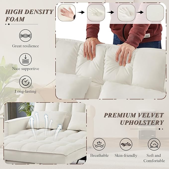 3 in 1 Convertible Sleeper Sofa Bed Futon Couches for Living Room with Side Pocket/Adjustable Backrest Velvet Upholstered Pull Out Couch Small Loveseat Sofa Bed for Bedroom Office Small Spaces