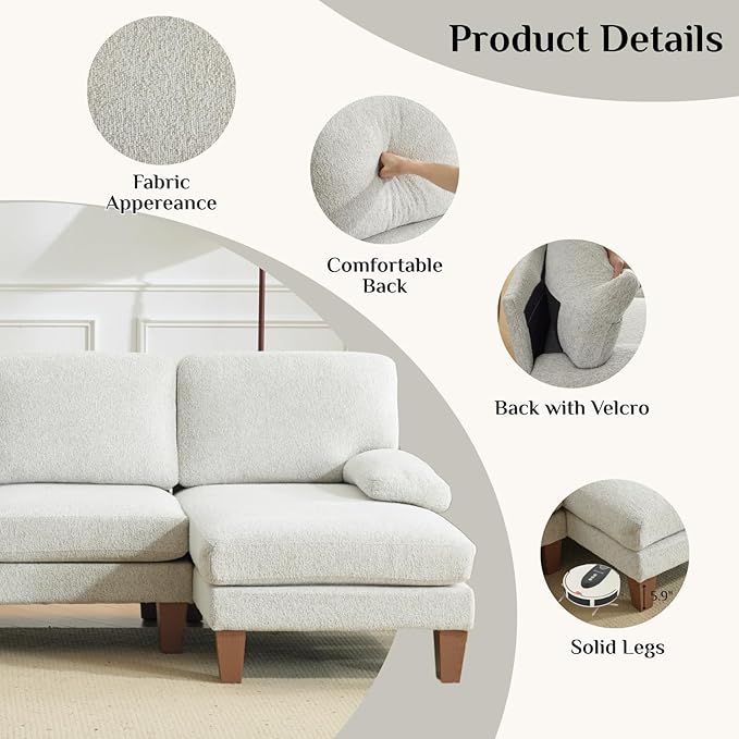 Karl home 110 U-Shape Sectional Couches for Living Room Chenille Upholstery 4 Seat Sofa Set with Double Chaises &amp Wood Grain Legs for Apartment White