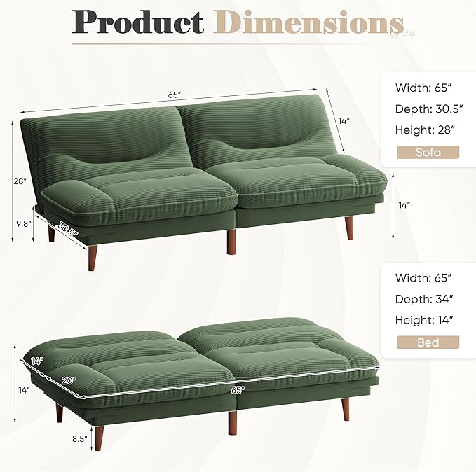 Homall Futon Sofa Bed Modern Loveseat Futon Couch with Adjustable Backrest and Armrests Sleeper Sofa Bed with Wood Frame for Living Room Office Apartment (Corduroy Green)