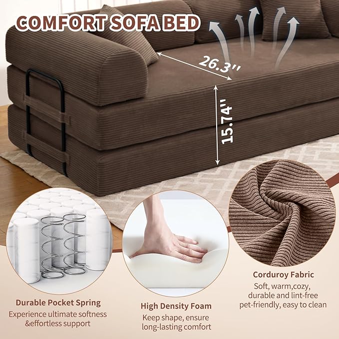Convertible Sleeper Sofa Bed 1600lbs Weight Capacity Floor Sofa Bed with Fixed-Shape Frame Corduroy Foldable Couch for Small Space Lounge Mattress for Living Room Apartment Game Room (Brown)