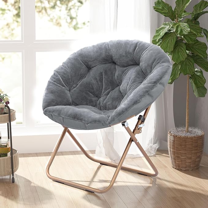 Cozy Saucer Chair Living Room Chair Faux Fur Soft Thick Padded Seat Metal Frame Folding Chair Comfortable Moon Chair for Living Room Bedroom Reading Nook Modern Style 1 Pack Gray