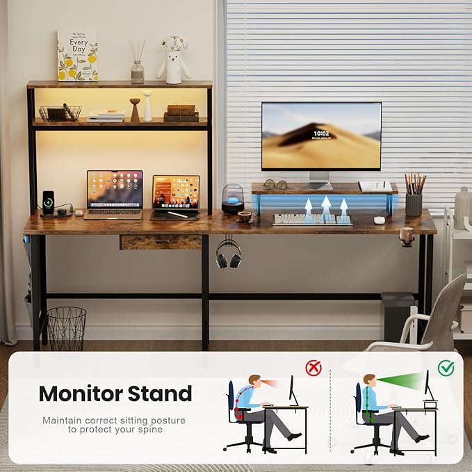 HLDIRECT L Shaped Desk with LED Light &amp Power Outlet 59 Inch Reversible Corner Gaming Desk with Storage Shelves &amp Drawer Computer Table with Monitor Stand Home Office Work Study Rustic B