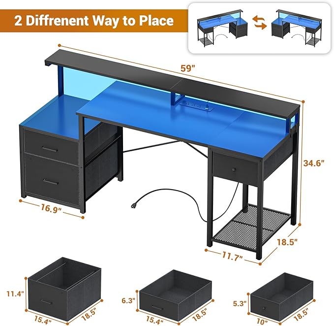 Aheaplus Computer Desk with 3 Drawers Home Office Desk with File Drawer &amp Power Outlet 59'' Gaming Desk with Led Lights Long Work Desk with Storage Shelves Printer Cabinet and Monitor Shelf B