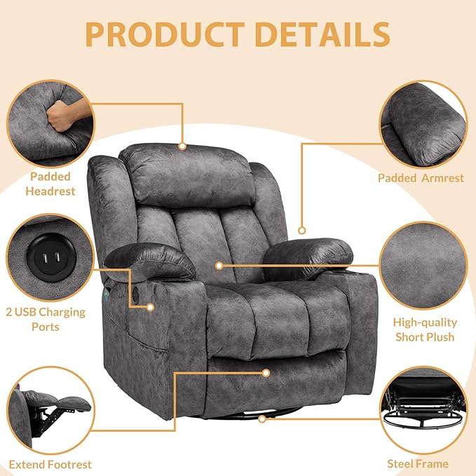 360° Swivel Glider Rocking Recliner Chair Overstuffed Manual Massage Recliner with Heat and Vibration Single Modern Sofa Home Seating for Living Room USB Ports/Cup Holders (Plush-Grey)