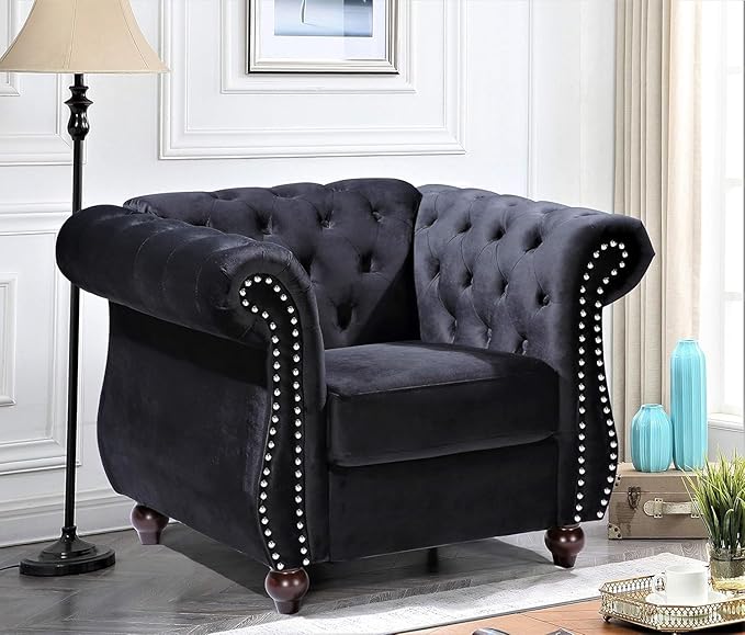 Feinstein Modern Velvet Chesterfield Couches for Living Room with Nailheads Diamond Tufting &amp Durable Metal Frame Chair Black