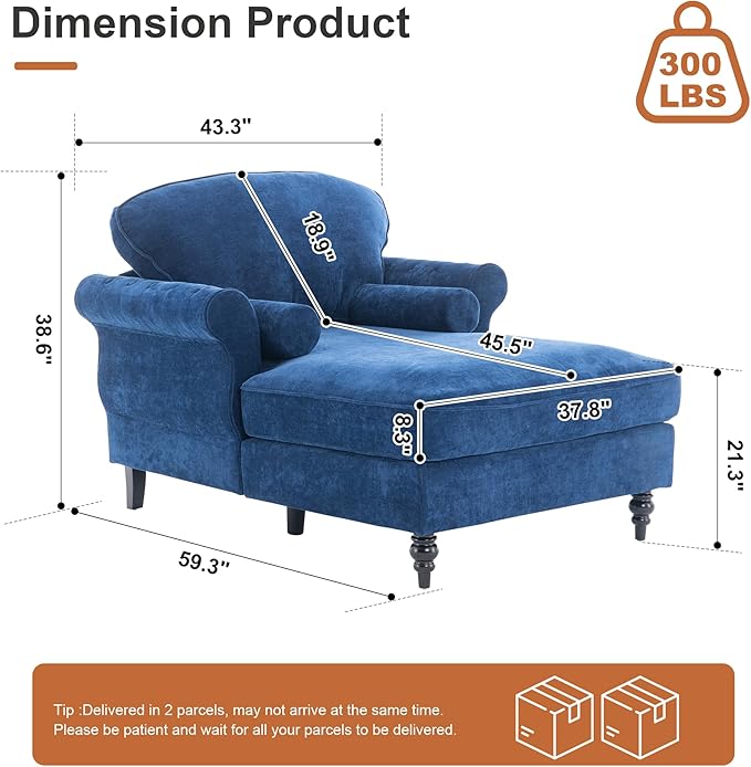 59.3 D Chaise Lounge Chair IndoorModern Chenille Upholstered Recliner Sofa with 2 Rolled PillowsComfy Sleeper Chair Bed for Living Room Bedroom Office(Blue 1 Seat)