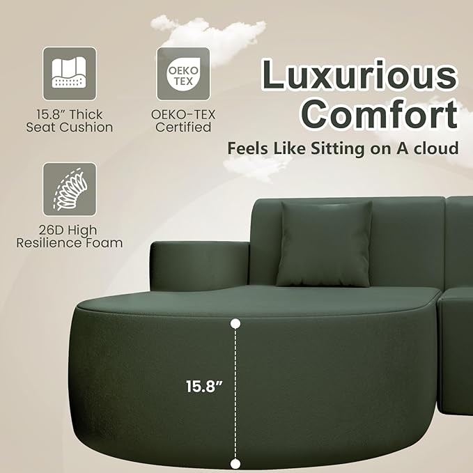 MELLCOM Modern Curved Boneless Sofa Couch L-Shaped Corner Sofa No Assembly Needed Chenille Upholstered Cloud Sectional Couch for Living Room Bedroom and Apartment (Green Left Hand Facing)