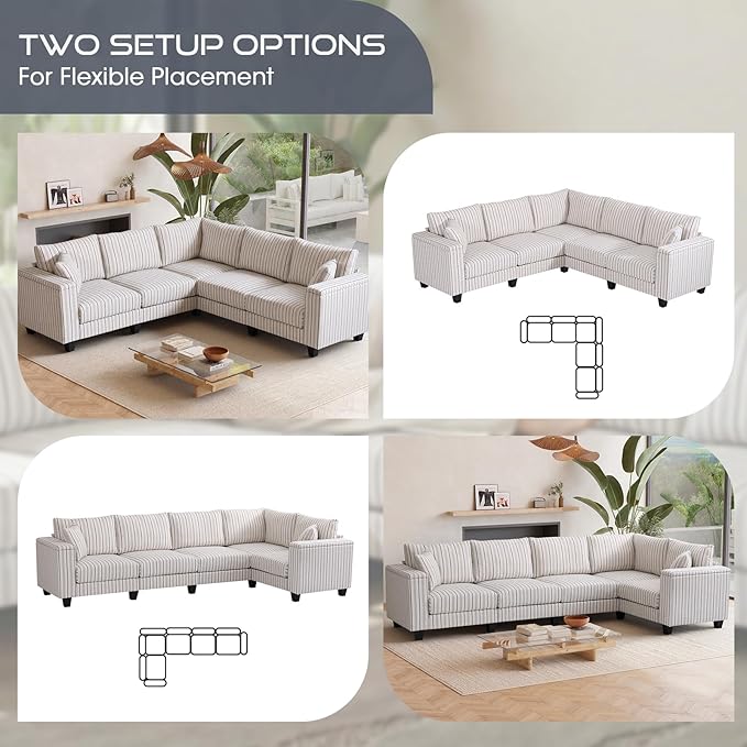 97 L Shaped Couch Corner Sofa 5 Seater Oversized Cloud Couch with 2 Pillows Modular Sectional Sofa Armrests with Two Hidden Storage Space Sectional Couches for Living Room Blue Stripe