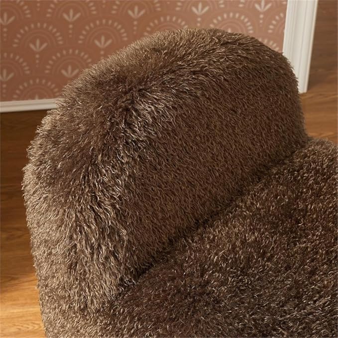 MAKLAINE Contemporary Faux Fur Upholstered Accent Chair Brown Shaggy Fabric Rounded Low-Profile Armless Design Sled Base with Non-Marking Foot Caps Living Room or Bedroom Seating