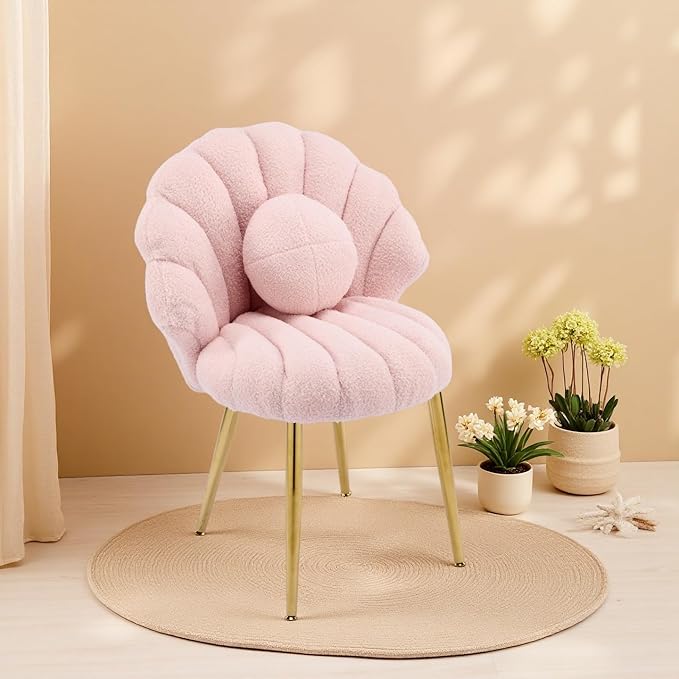 VINGLI Shell-Shaped Teddy Fleece Accent Vanity Chair with BackComfy Pink and Gold Desk Chair No WheelsCute Small Pearl Deco PillowGift for Girls/Womenfor MakeupOfficeDiningNailSewingBedroom