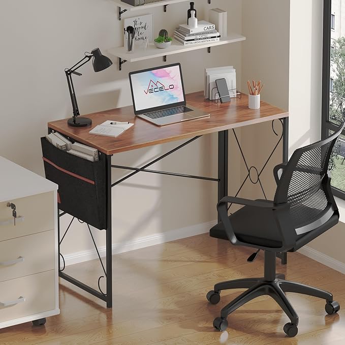 VECELO 39 Inch Folding Desk Simple Assembly Desk Writing Computer Desk for Home Office Study Office Desk Foldable Table for Small Spaces Brown