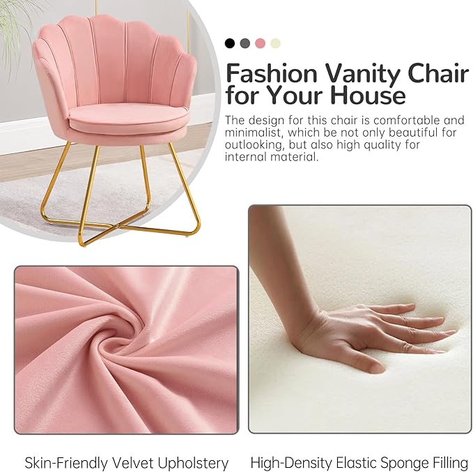 Furniliving Pink Vanity Chairs Velvet Makeup Chair for Bedroom Home Office Desk Chair with Gold Plating Legs Cute Accent Chair for Makeup Room Bedroom Living Room Guest Reception (Velvet Pink)