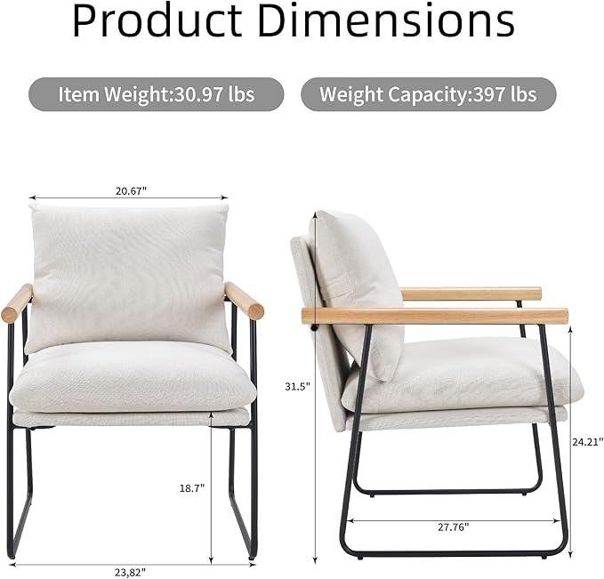 Modern Accent Chair with Removable Cushion &amp Wood Armrests - Ergonomic Vanity Chair for Living Room Bedroom Balcony 396lbs Capacity Corduroy Fabric Comfy Chair with Easy Assembly (White)