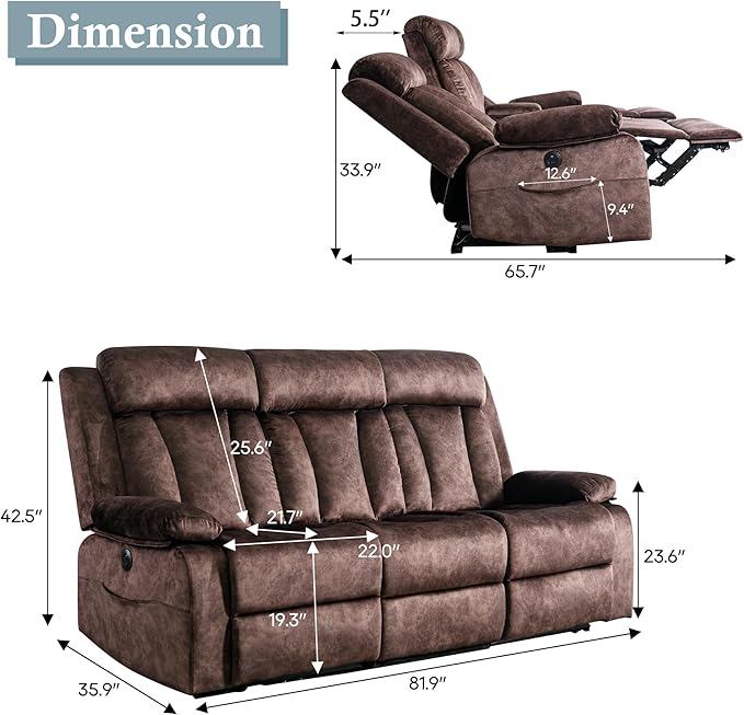 Power Reclining Sofa – 3 Seater Reclining Couch with Massage &amp Heat Drop-Down Table USB &amp Type-C Charging Ports Cup Holders Dutch VelvetPower Sofa for RVMedia Room &amp Living Room