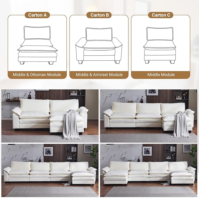 VINGLI 122 Cloud Double-Layer Deep Convertible Sectional Sofa Comfy L-Shape 3-Seat Couches for Living Room Modern Couch with Movable Ottoman for Living RoomChenilleCream