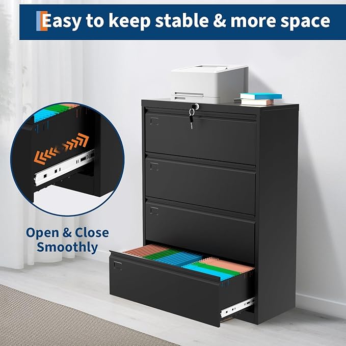 4-Drawer Lateral File Cabinet with Lock Heavy Duty Metal Filing Cabinet for Letter/Legal/A4 Documents Space-Saving Office Storage Organizer for Home Office Easy Assembly Black