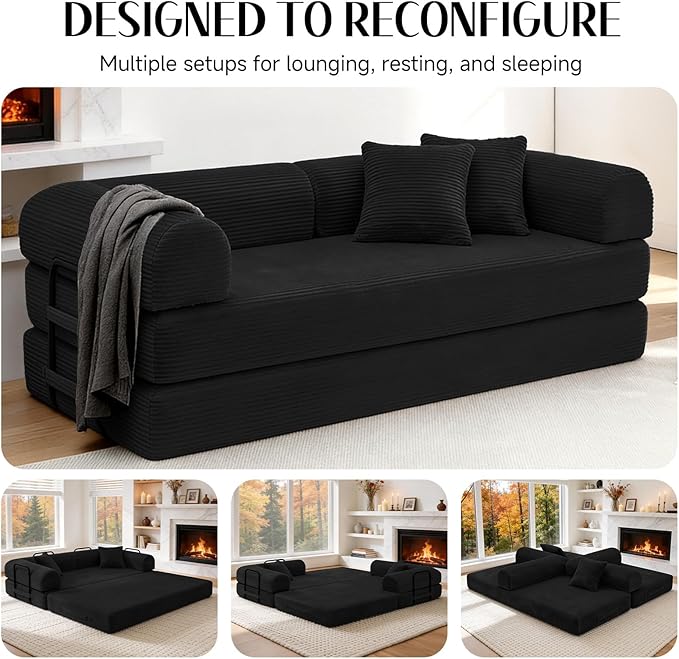 79 Corduroy Sofa Bed Boneless Couch in a Box with 2 Pillows High-Density Foam 4-in-1 Foldable Sleeper Futon Loveseat for Small Spaces No Assembly Side Pockets Black