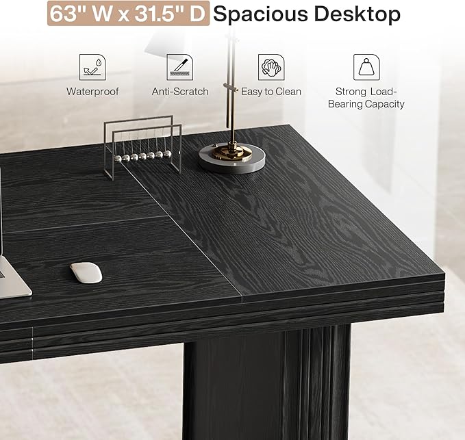 Tribesigns 63 Executive Desk Large Office Computer Desk with Heavy-Duty Legs and Thickened Desktop Elegant Writing Workstation Study Table Conference Table for Office Black