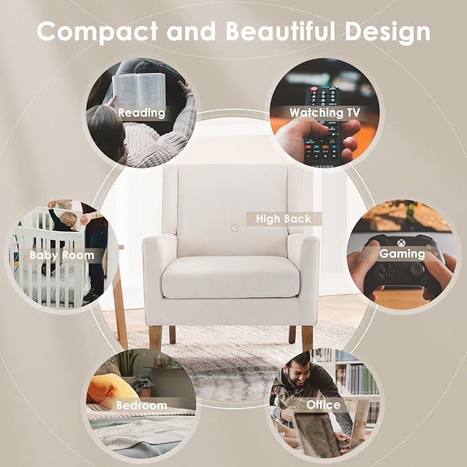 COLAMY Modern Wingback Living Room Chair Set of 2 Upholstered Fabric Accent Armchair Single Sofa Chair with Lounge Seat and Wood Legs for Bedroom/Office/Reading Spaces Beige