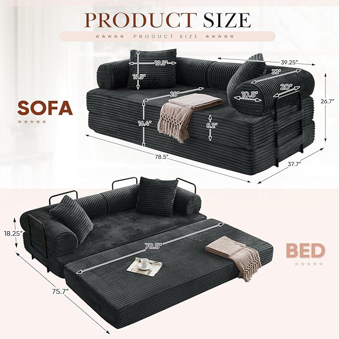 Modular Couch Bed Convertible Folding Plush Corduroy Comfy Floor Memory Foam Compression Loveseat Sleeper Sofa Couch King Size Bed for Guest Room Living Room Bedroom No Assembly Required Dark Grey