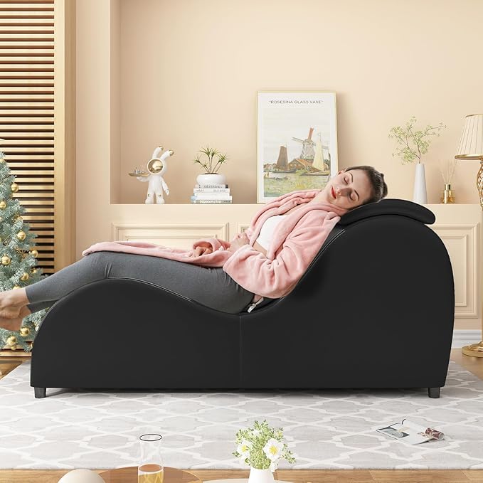 BALUS 60'' Yoga Chairs Curved Chaise Lounge Chair for Adults Stretching Exercising Relaxing Ergonomically Designed Yoga Sofa Lounges Chair with Head Cushion for Living Room Bedroom Black