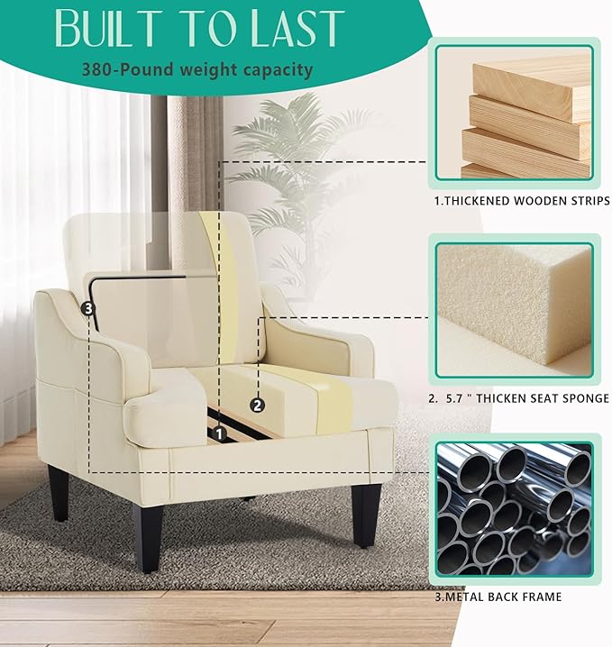 Modern Accent Chair for Bedroom Upholstered Reading Chair with Side Pockets Comfy Living Room Chairs Living Room Armchair for Office Apartment Small Room (Beige)