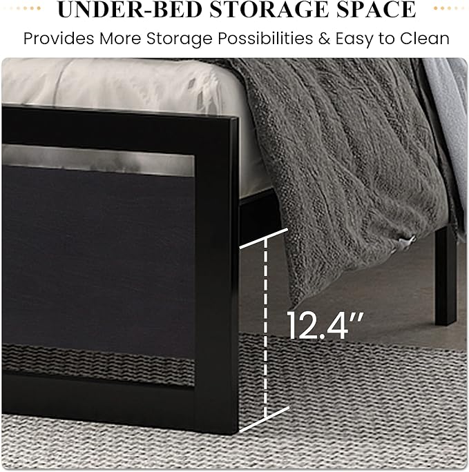 SHA CERLIN Full Size Bed Frame with Modern Headboard Heavy Duty Platform Metal Base with Square Footboard and 13 Strong Slats Support No Box Spring Needed Black