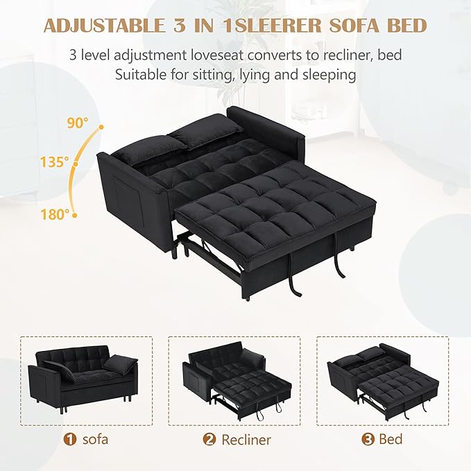 3 in 1 Convertible Sleeper Sofa Bed Modern Velvet Loveseat Pull-Out Couch Futon Love Seat Lounge Sofa with Pull-Out Bed &amp Adjustable Backrest and Side Pocket for Small Apartment Bedroom