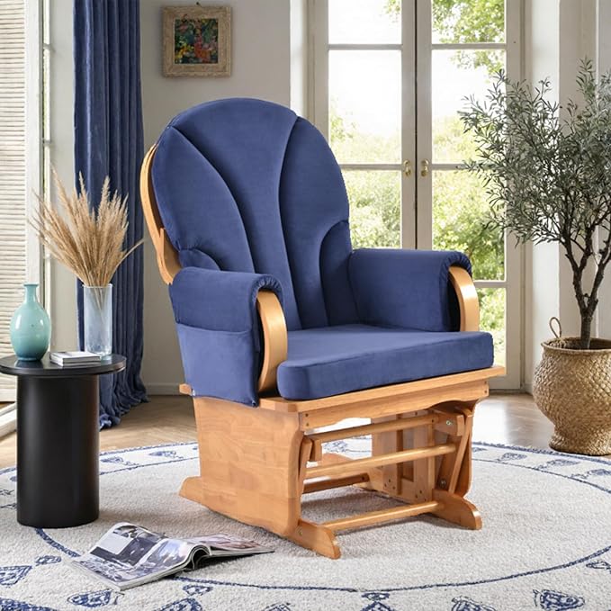 Solid Wood Glider Gentle Rocking Chair Stylish Modern Glider Rocker with Padded Cushion Smooth Rocking Motion Indoor Living Room ReadingWatchingSleeping Beech Color+Blue