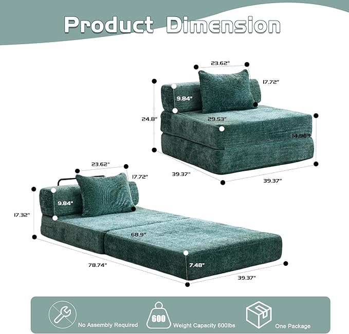 Folding Sofa Bed Convertible Floor Sleeper Chair Comfy Futon Floor Couch 2 in 1 Pull Out Single Boneless Sofa for Living Room Bedroom No Assembly (Chenille Dark Green)