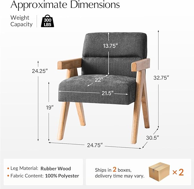 HULALA HOME Modern Accent Chair Upholstered Arm Chair with Solid Wood Frame Comfortable Padded Seat and Back for Living Room Bedroom Set of 2 Charcoal